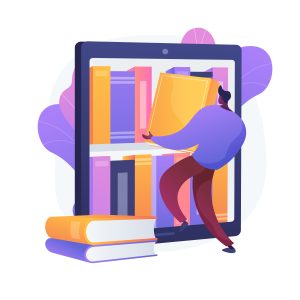Ebooks collection. Library archive, e reading, literature. Male cartoon character loading books in ereader. Man putting novels in covers on bookshelf. Vector isolated concept metaphor illustration.